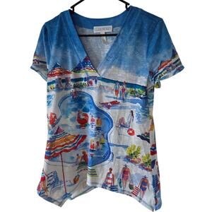 Ellen Negley Small Pool Scene Art Sol Tropical Blouse Shirt Beach Resort